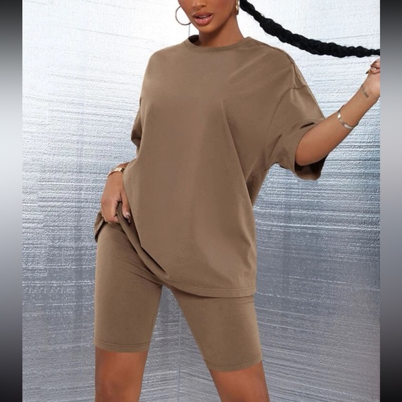 Tan / brown Oversized tee shirt and biker shorts matching set - Picture 6 of 8